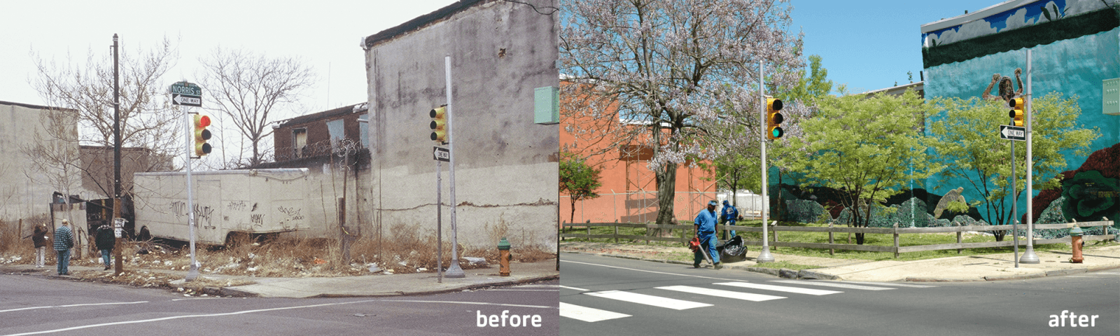 A Philadelphia lot before a clean up and the same lot, filled with trees and greenery after a clean up.